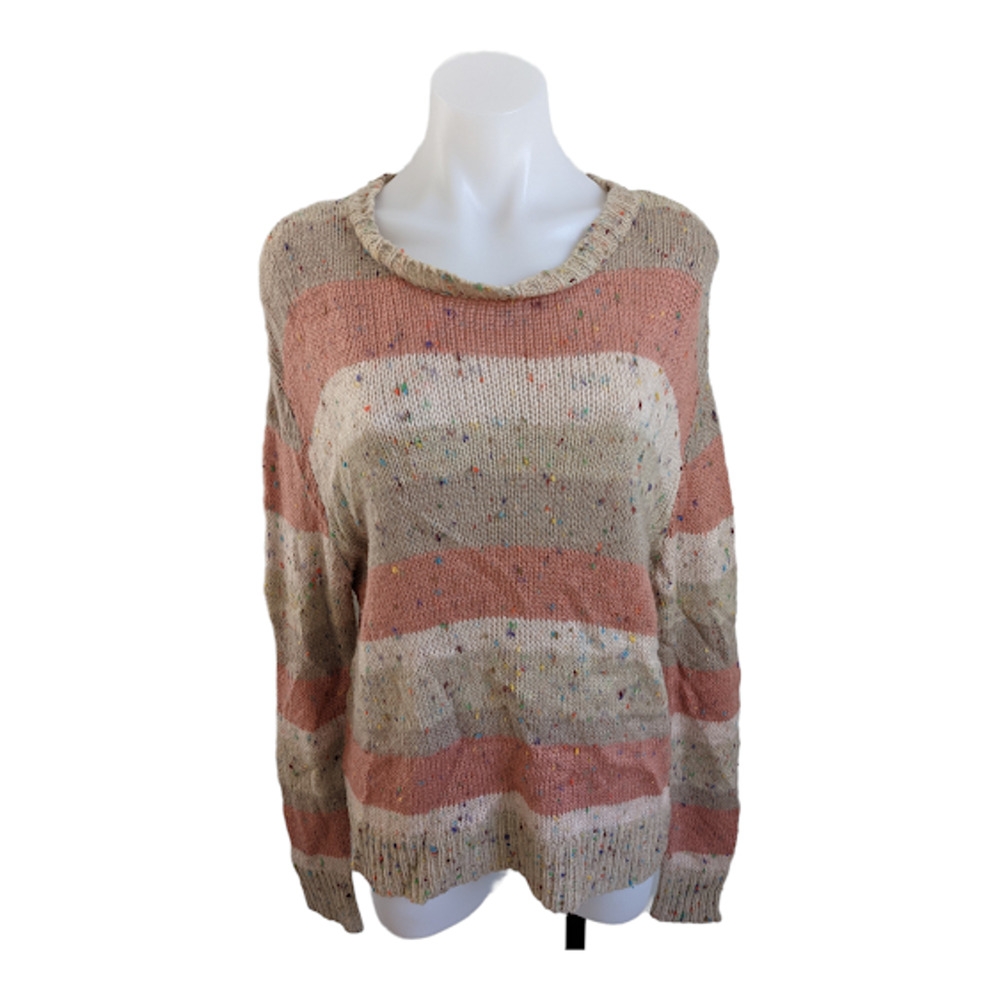 John +Jenn Size Small Striped Sweater Beige Pink Speckled Crew Neck Long Sleeves